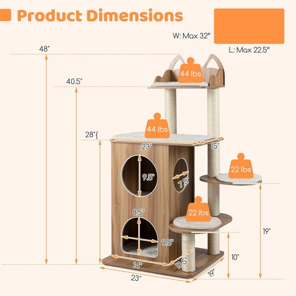 Resenkose 48-Inch Durable Wooden Cat Tree with 2-Floor Condo and Soft Washable Cushions for Kitten Comfort, Natural