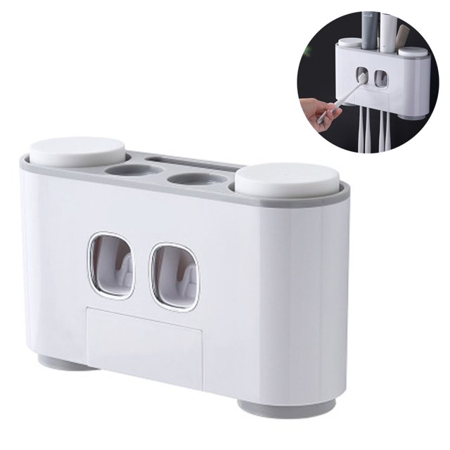 Kit de cepillo de dientes y exprimidor de pasta de dientes multifuncional montado en la pared que ahorra espacio con cubierta antipolvo, 5 ranuras para cepillos de dientes, 2 dispensadores automáticos de pasta de dientes y 4 tazas Ormromra 2035063-3