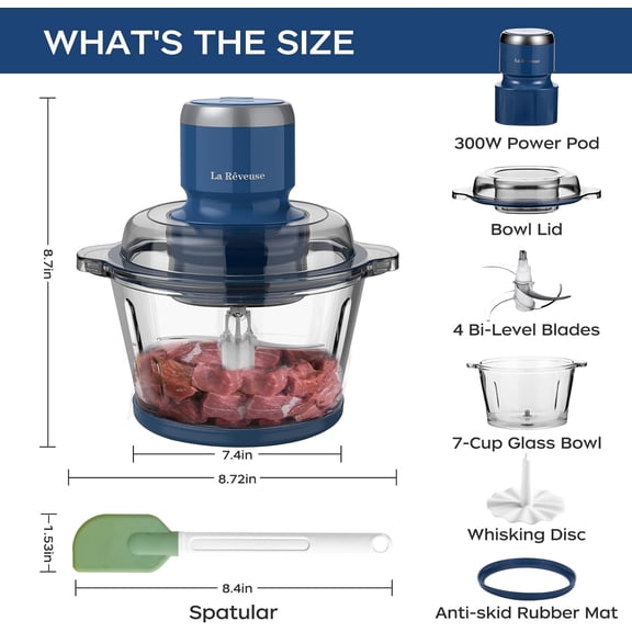 Food Chopper with 7-Cup Glass Bowl 250W Personal Pulse Blender for Kitchen Prep