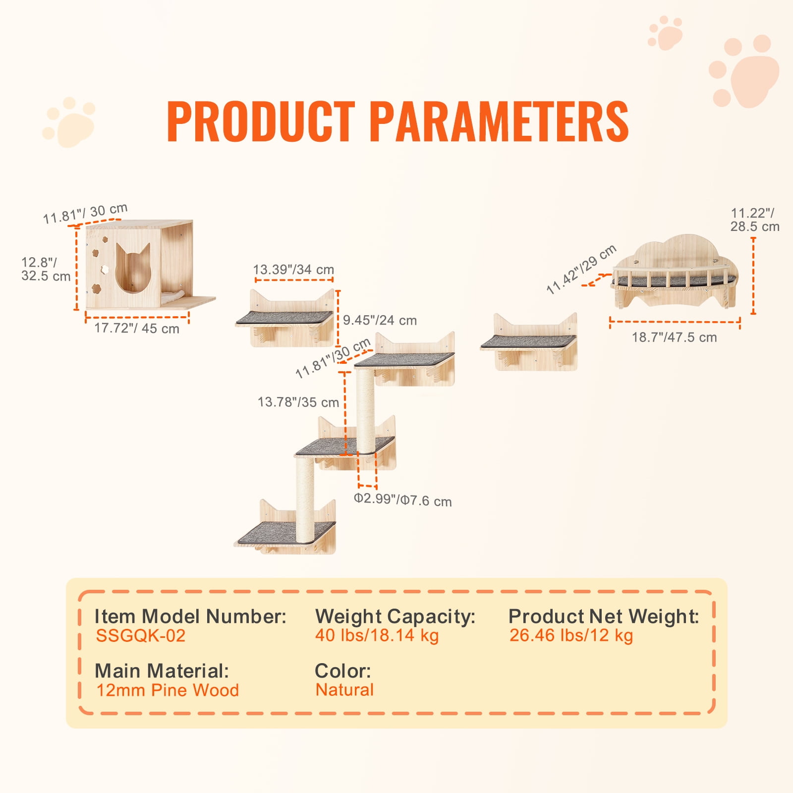 KFFKFF Set of 5 Cat Wall Mounts, Wall-Attached Cat Perches Up to 40 Lbs, Cat Wall Shelves for Resting, Engaging, Ascending