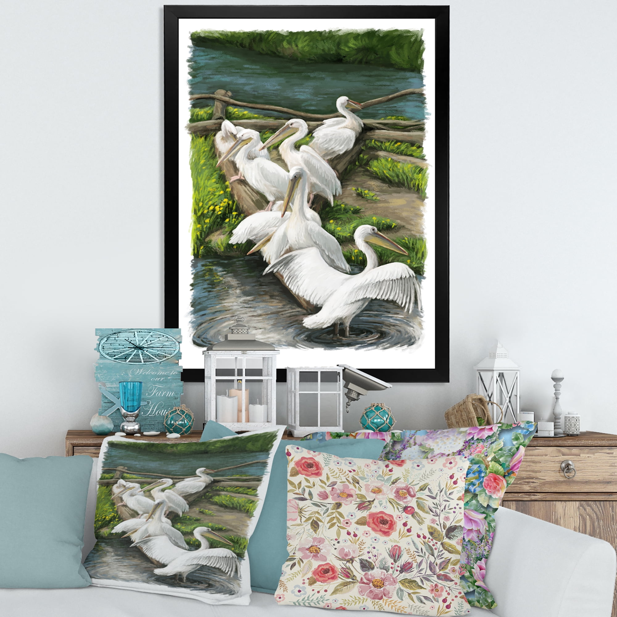 Designart 'Pelicans Resting Near The river Water' Traditional Framed Art Print