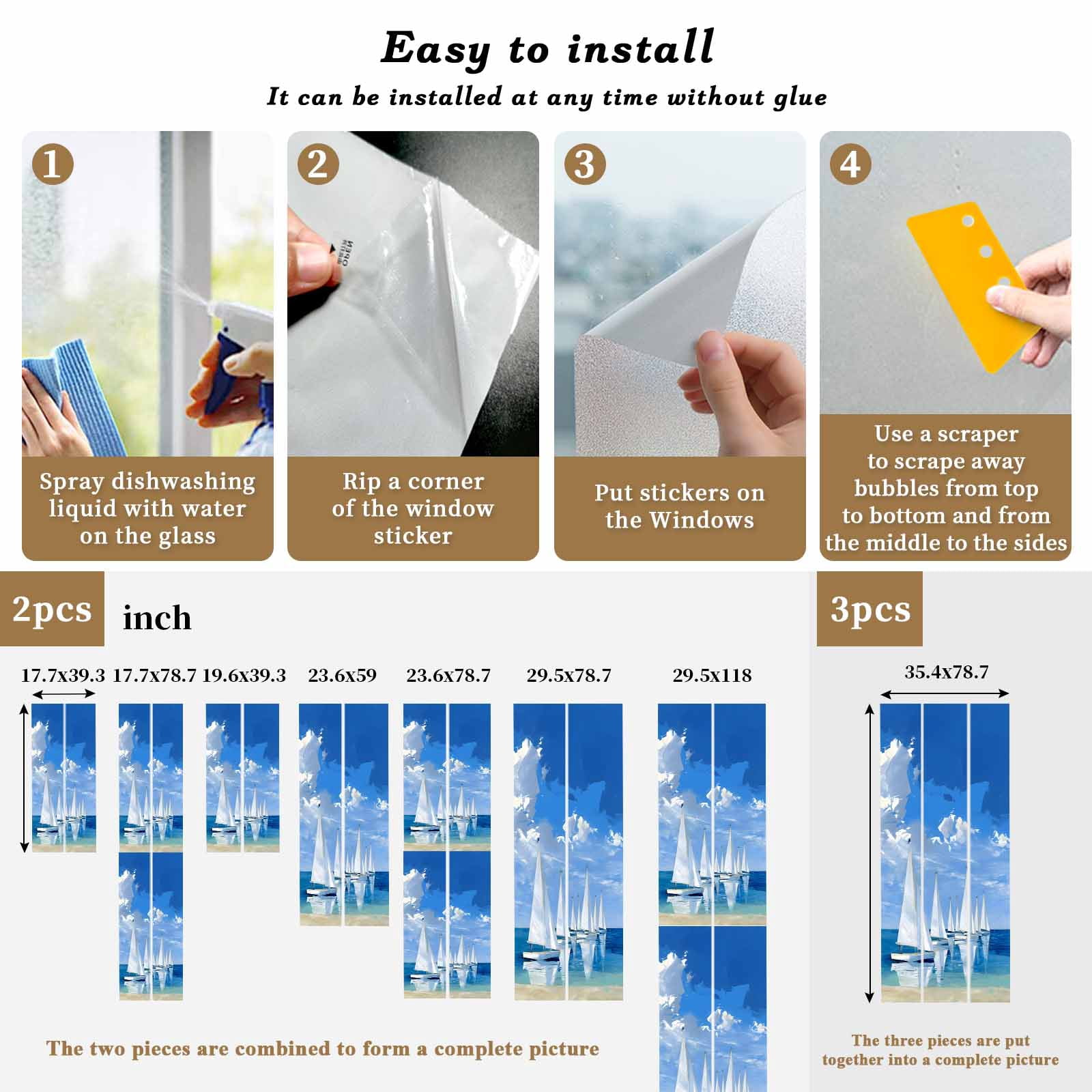 Summer Theme Window Privacy Film, Oil Painting Blue Oceans Sailboats Cloud Sky Frosted Glass Window Clings Static Cling UV Heat Blocking Reusable Door Sticker for Bathroom 23.6 x 59 Inch