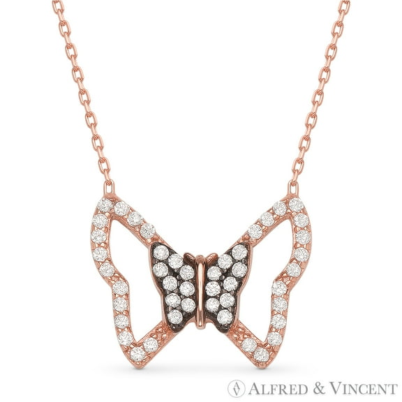 Butterfly Charm CZ Crystal Pendant & Chain Necklace in .925 Sterling Silver
