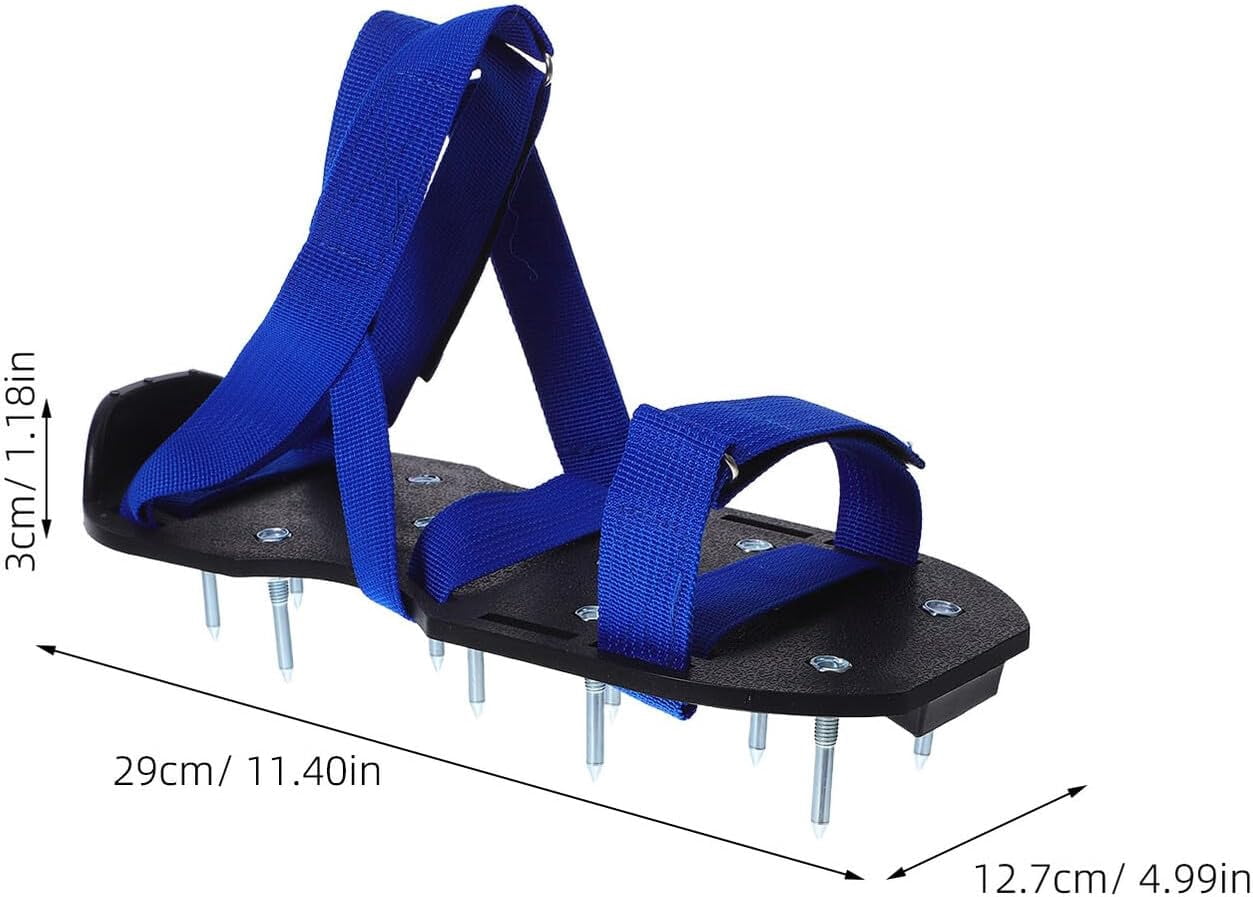 Lawn aeration shoes with 4.2 cm steel spikes, black soles and blue straps garden soil spike shoes, aeration tool for lawn and terrace lawn care