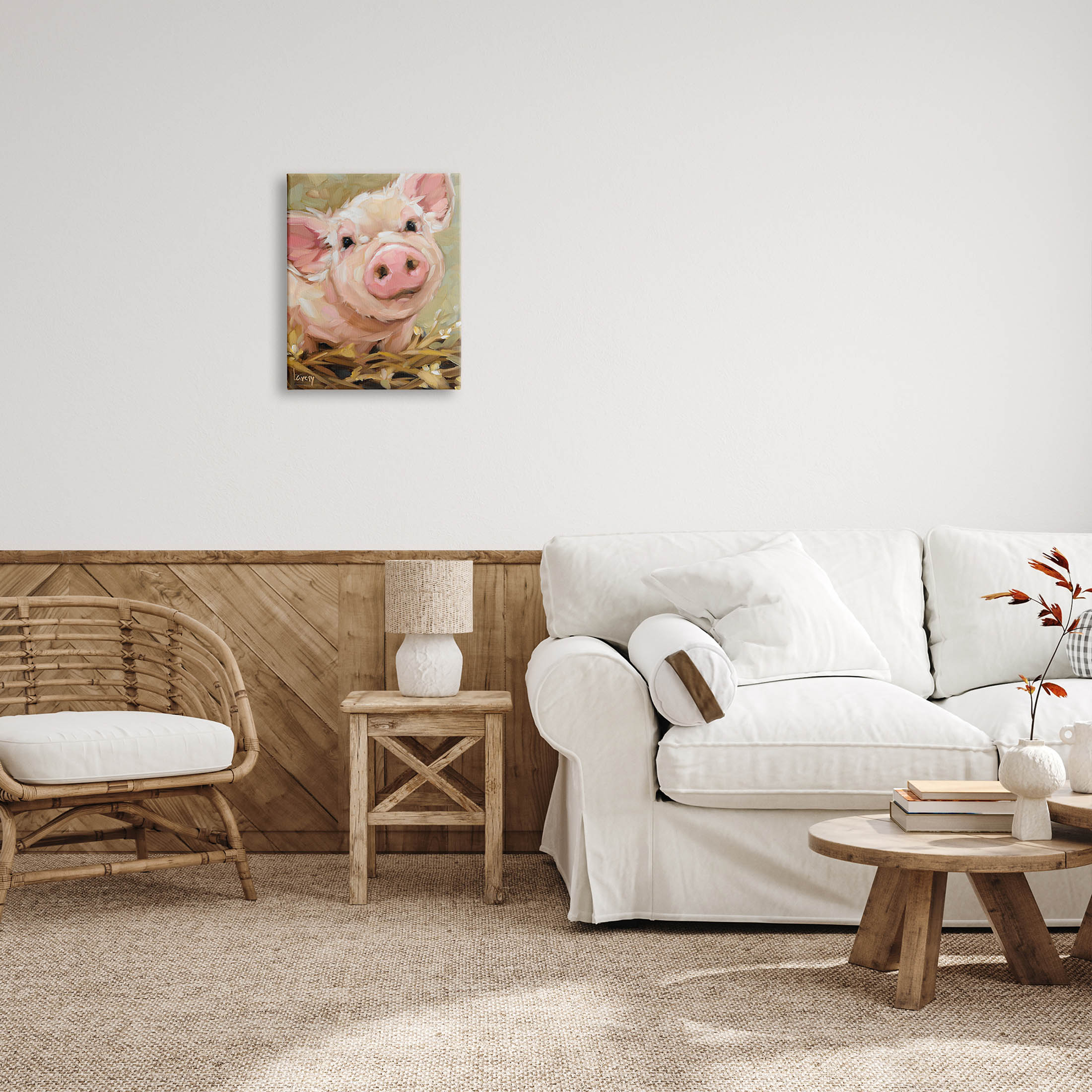 Happy Pig Farm Animal Portrait Animals & Insects Painting Gallery Wrapped Canvas Print Wall Art