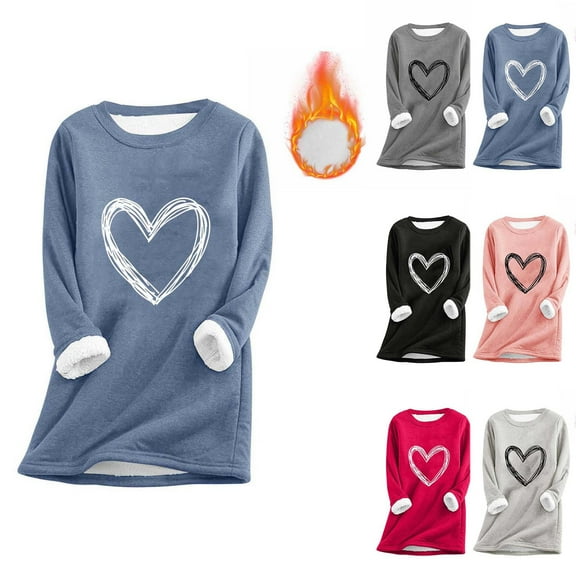 Aboser Womens Sherpa Lined Sweatshirts Cozy Fleece Loungewear Trendy Heart Printed Pullover Tops Winter Crewneck Long Sleeve Sweatshirt Thermal Casual Undershirts