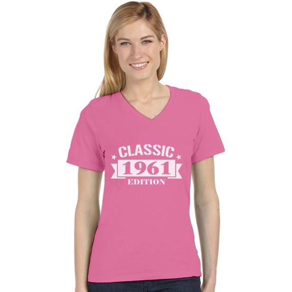 60th Birthday Gift Shirt 1961 Classic Edition V-Neck Fitted Women T-Shirt Small Pink