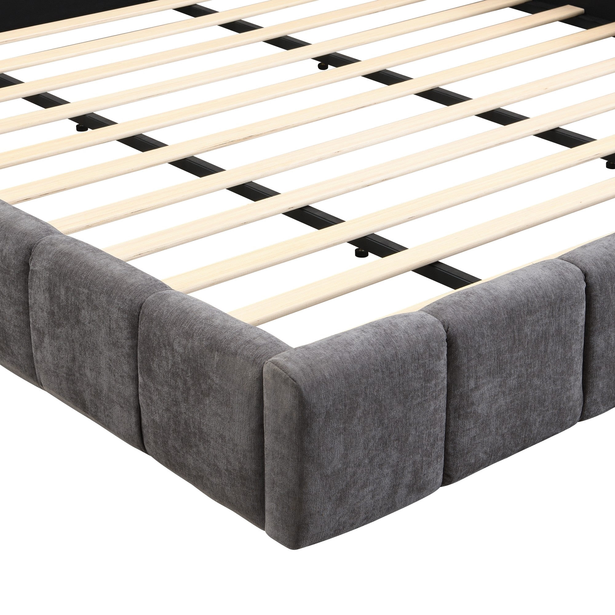 Sailvan King Chenille Upholstered Bed Frame,Modern Checkerboard Pattern Headboard,Soft Grey Fabric Platform Bed