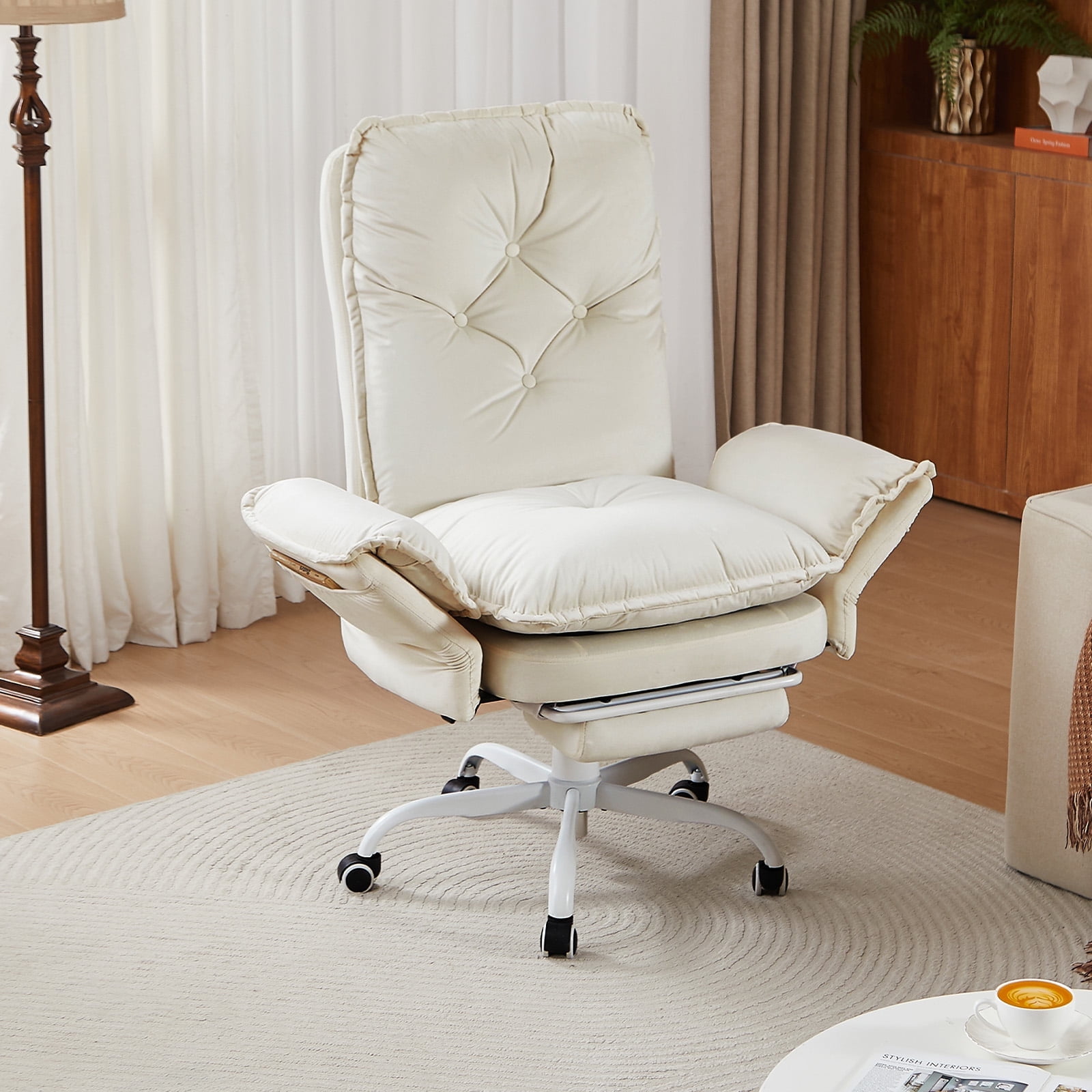 Bestier Big and Tall Executive Office Chair with Flip-up Arms for Adult, Wide Seat Ergonomic Computer Desk Chair,High Back Velvet Comfy Cross-Legged Office Chair with Footrest and Side Pockets, Beige