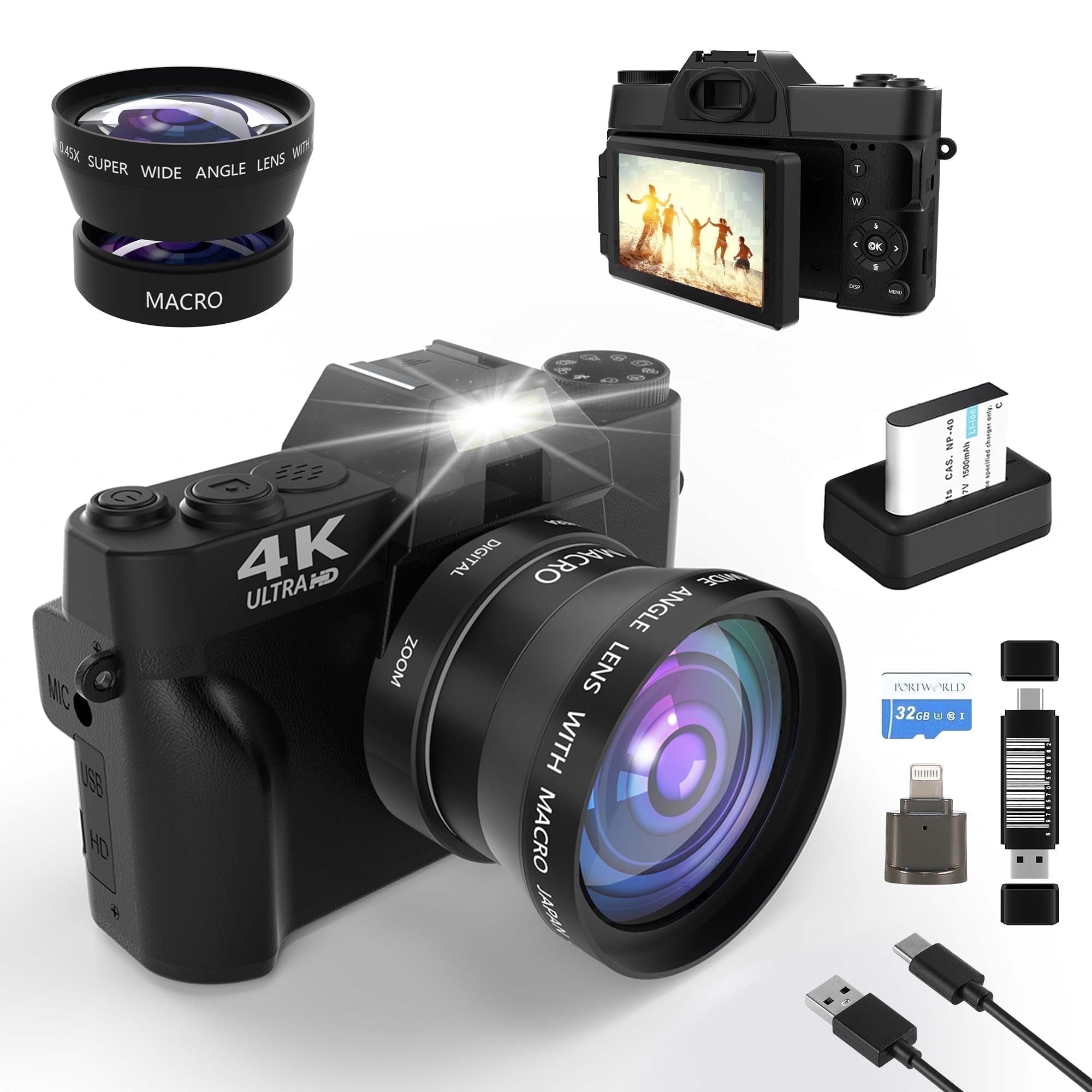 PORTWORLD 4K Vlogging Camera 56MP WiFi 16X Digital Zoom Wide Angle Macro Lens 2 Batteries Digital Camera