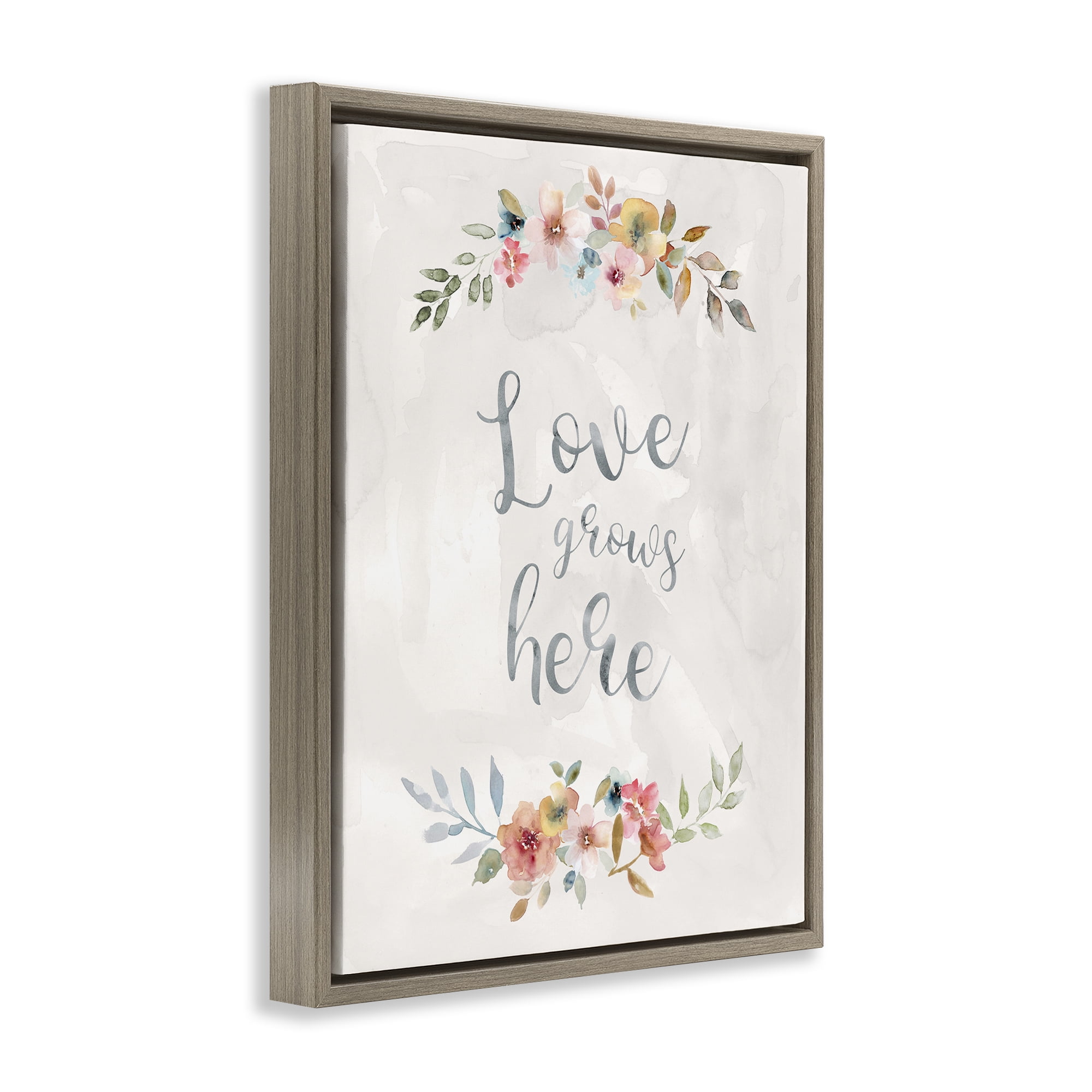 Stupell Industries Floral Love Grows Here Plants & Flowers Painting Brown Floater Framed Canvas Art Print Wall Art, 17 x 21