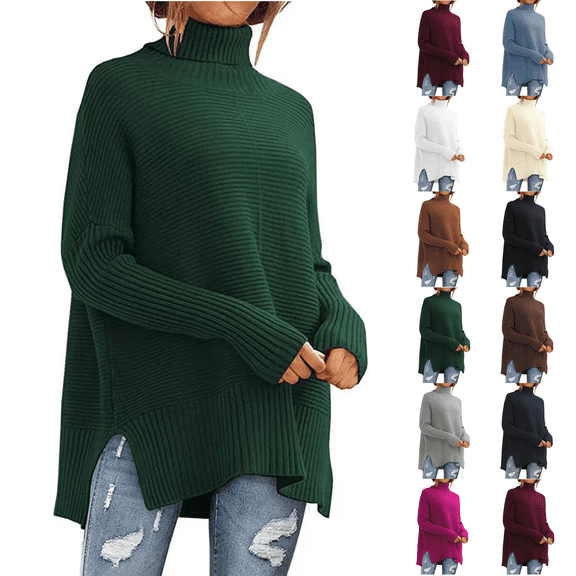 Knit Tops for Women Oversized Ribbed Turtleneck Batwing Sleeve Side Slit Hem Loose Fall Warm Soft Knit Long Length Tunic Sweater Casual Everyday Oversized Pullover Army Green 2XL
