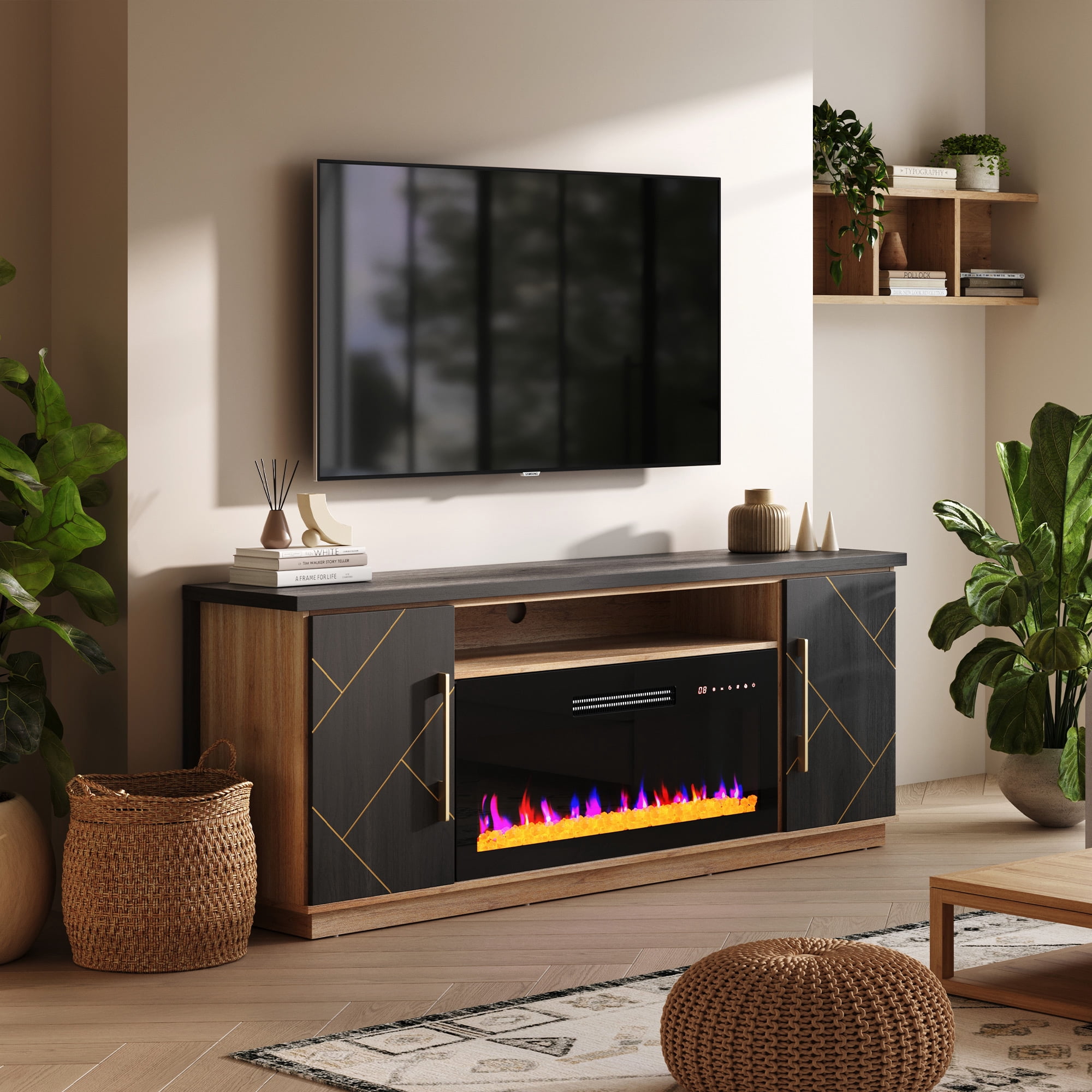 BELLEZE 68 Inch Electric Fireplace TV Stand With Gold Grim, Elegant Entertainment Center With Storage, Media Console With Drawers & Open Shelves for Living Room, Bedroom Home Theater (Espresso Black)