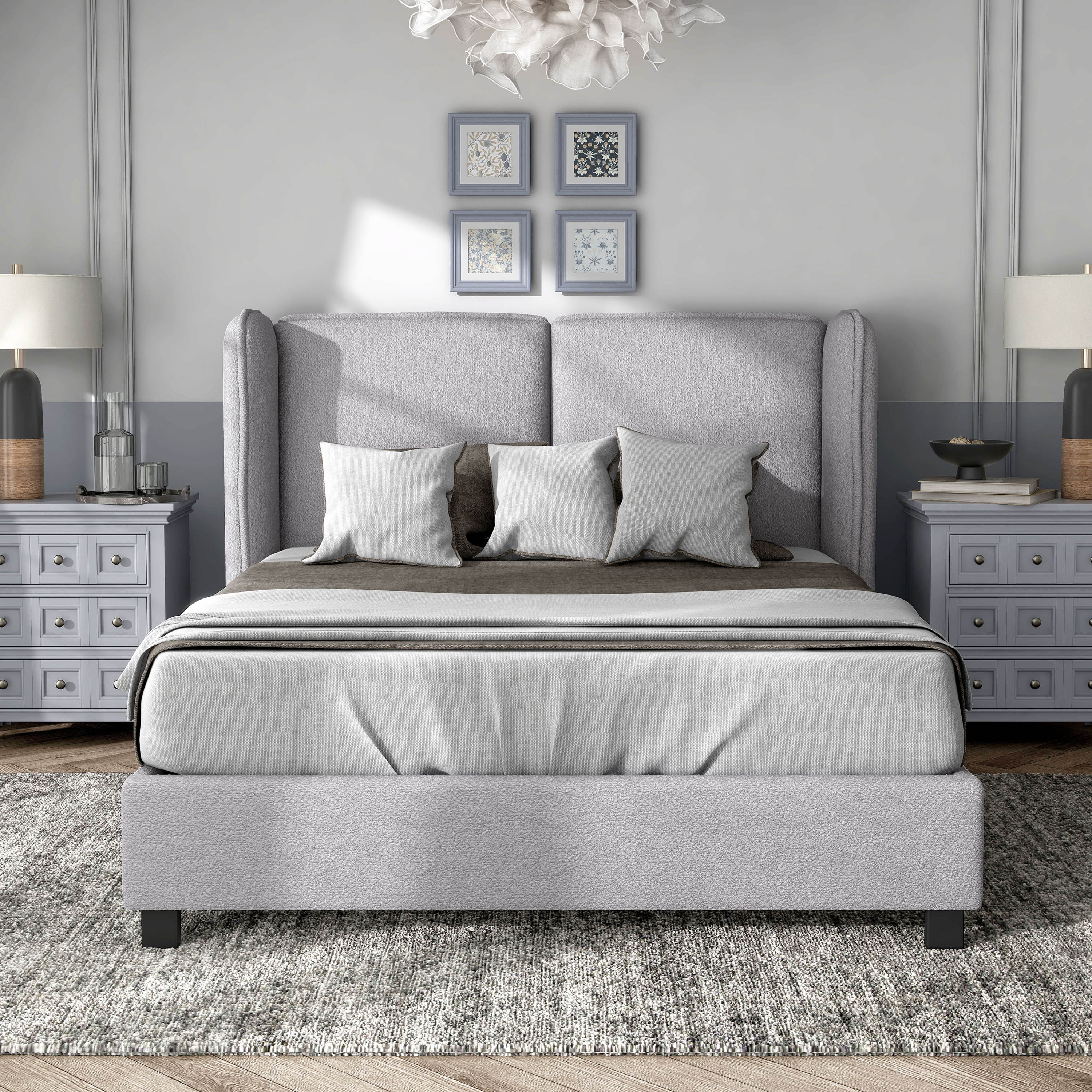 Furniture of America Mack Contemporary Boucle Fabric Platform Queen Size Bed Frame with Wingback Headboard, Light Gray