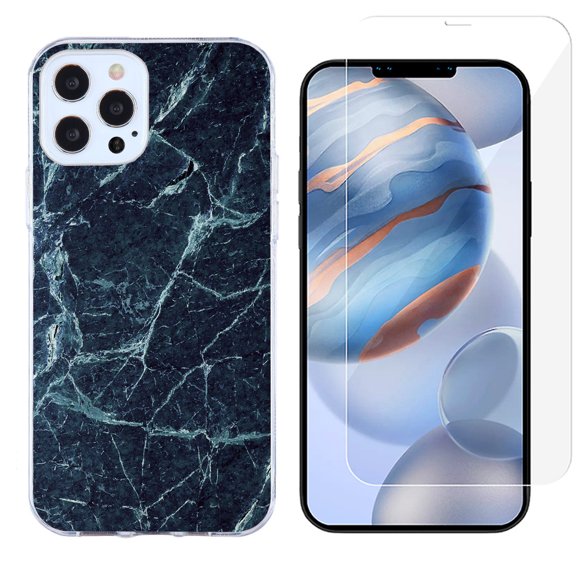 Slim-Fit Protective Phone Case compatible with iPhone 12 Pro Max, with Tempered Glass Screen Protector, by OneToughShield ® - Marble / Blue