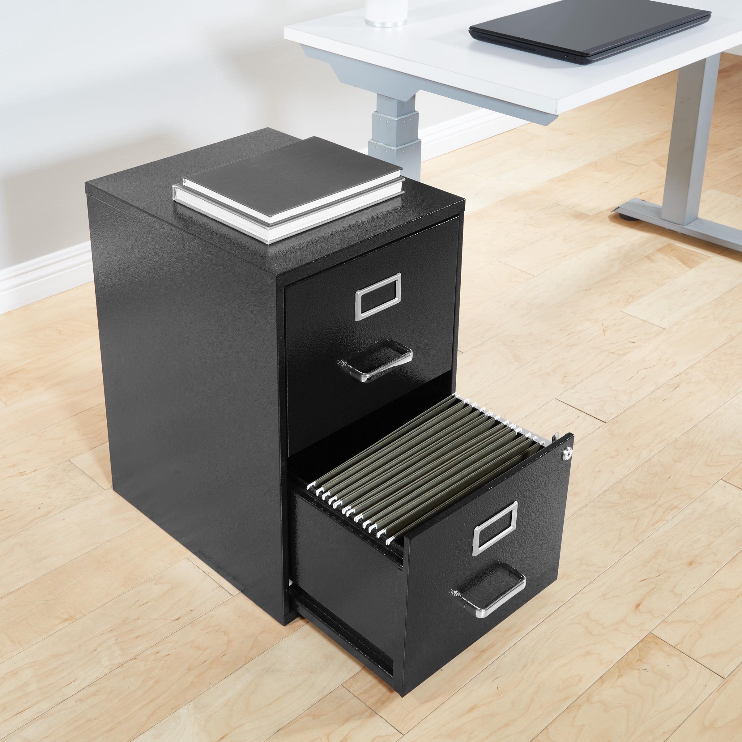 OSP Home Furnishings Locking Metal File Cabinet with 2 Drawers, Textured Black