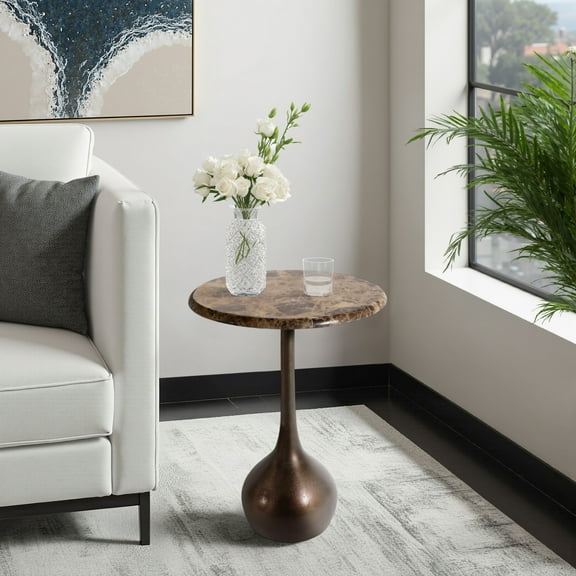 Polished End Table, Side Table, or Small Night Stand for Room Decor - Marble Bedside Table with Ball Base Perfect for Small Spaces - Accent Table for Home, Bedroom, or Living Room - 20" Brown & Gold