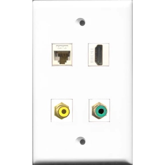 RiteAV 1 Port HDMI and 1 Port RCA Yellow and 1 Port RCA Green and 1 Port Cat6 Ethernet White Wall Plate