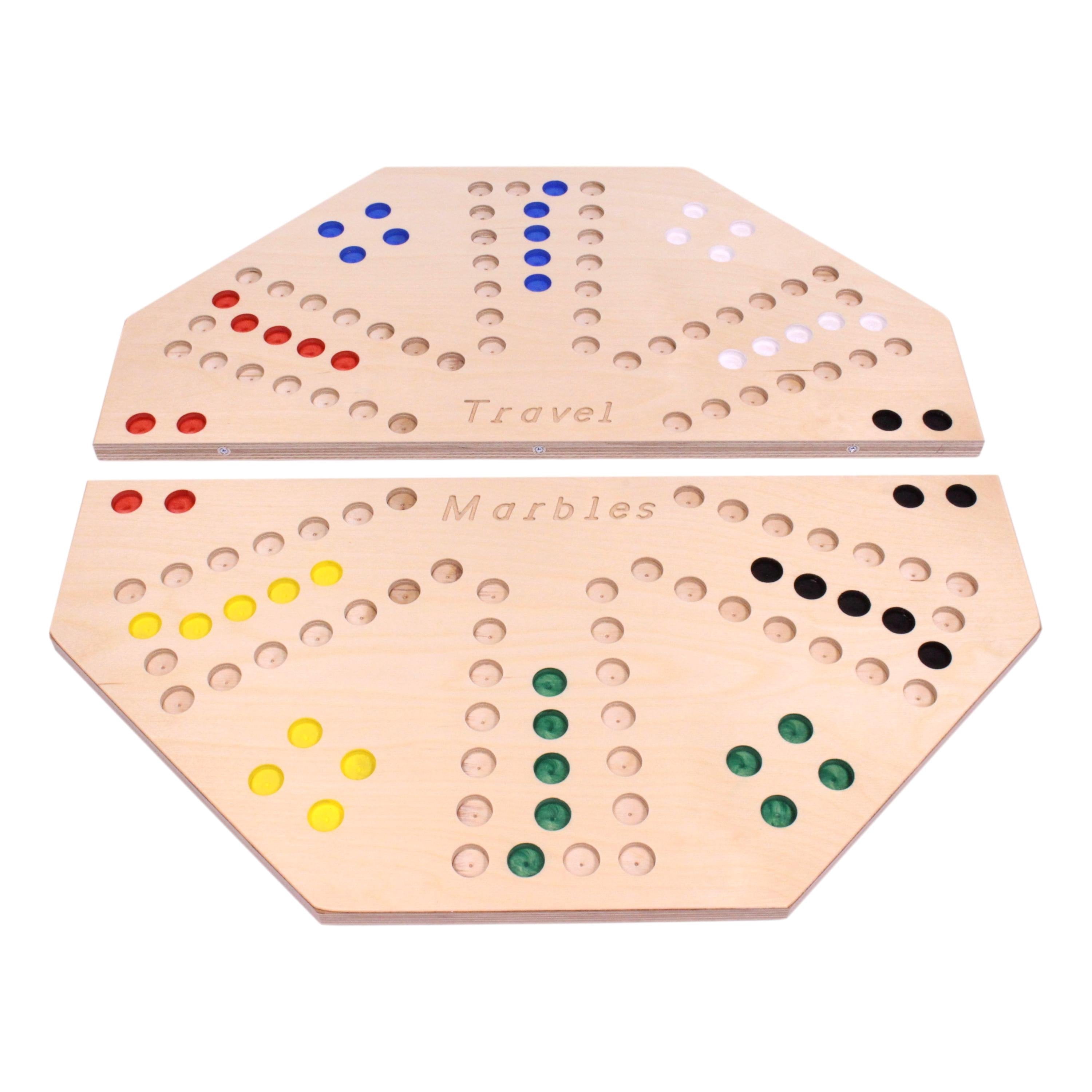 AmishToyBox.com Travel Marble Chase Cards N' Marbles Wooden Board Game Set - Double-Sided 23" Wide Board - with Cloth Carry Bag- Includes 22mm Marbles and Playing Cards