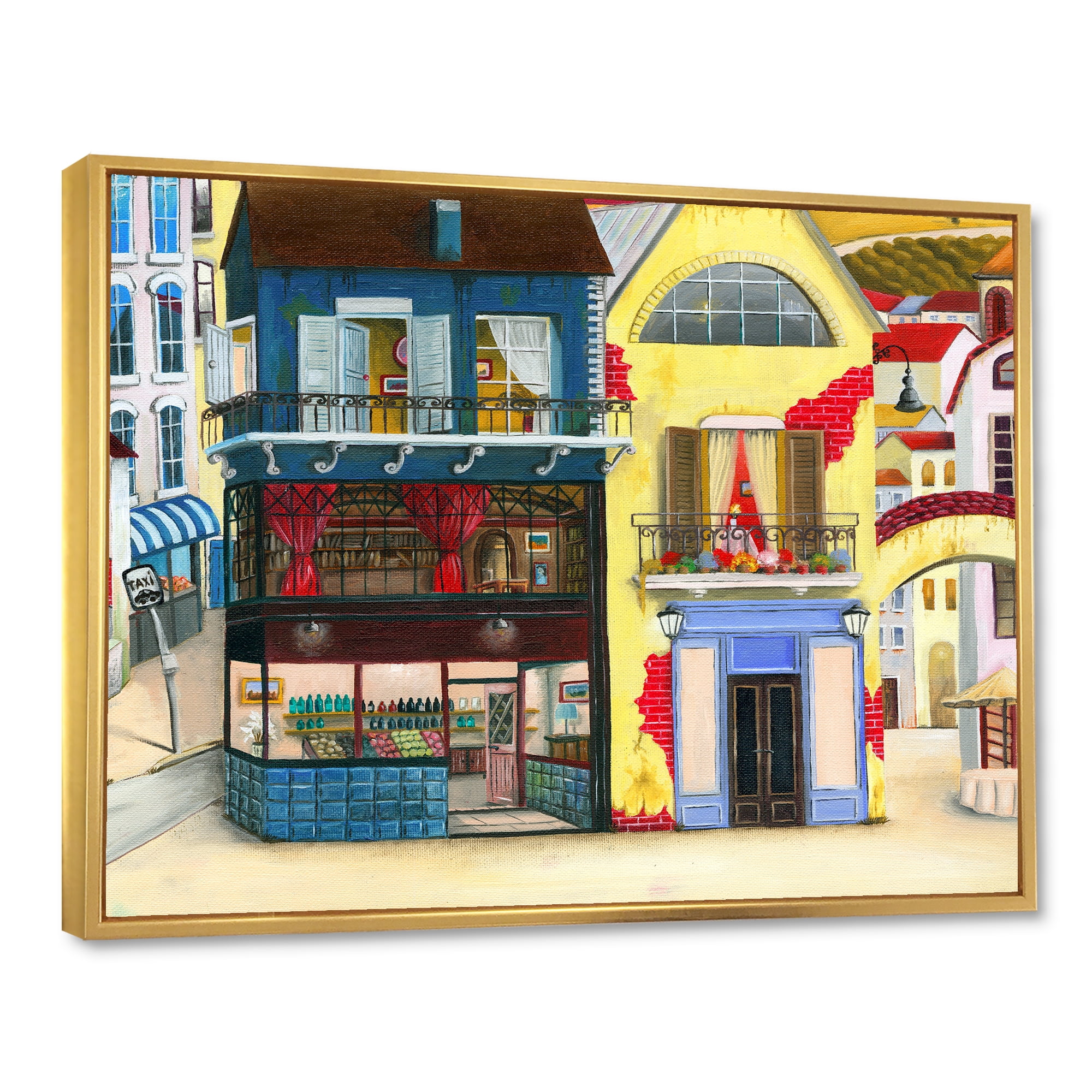 Designart 'The Colorful Facade of The Buildings In A Cozy Streets' French Country Framed Canvas Wall Art Print