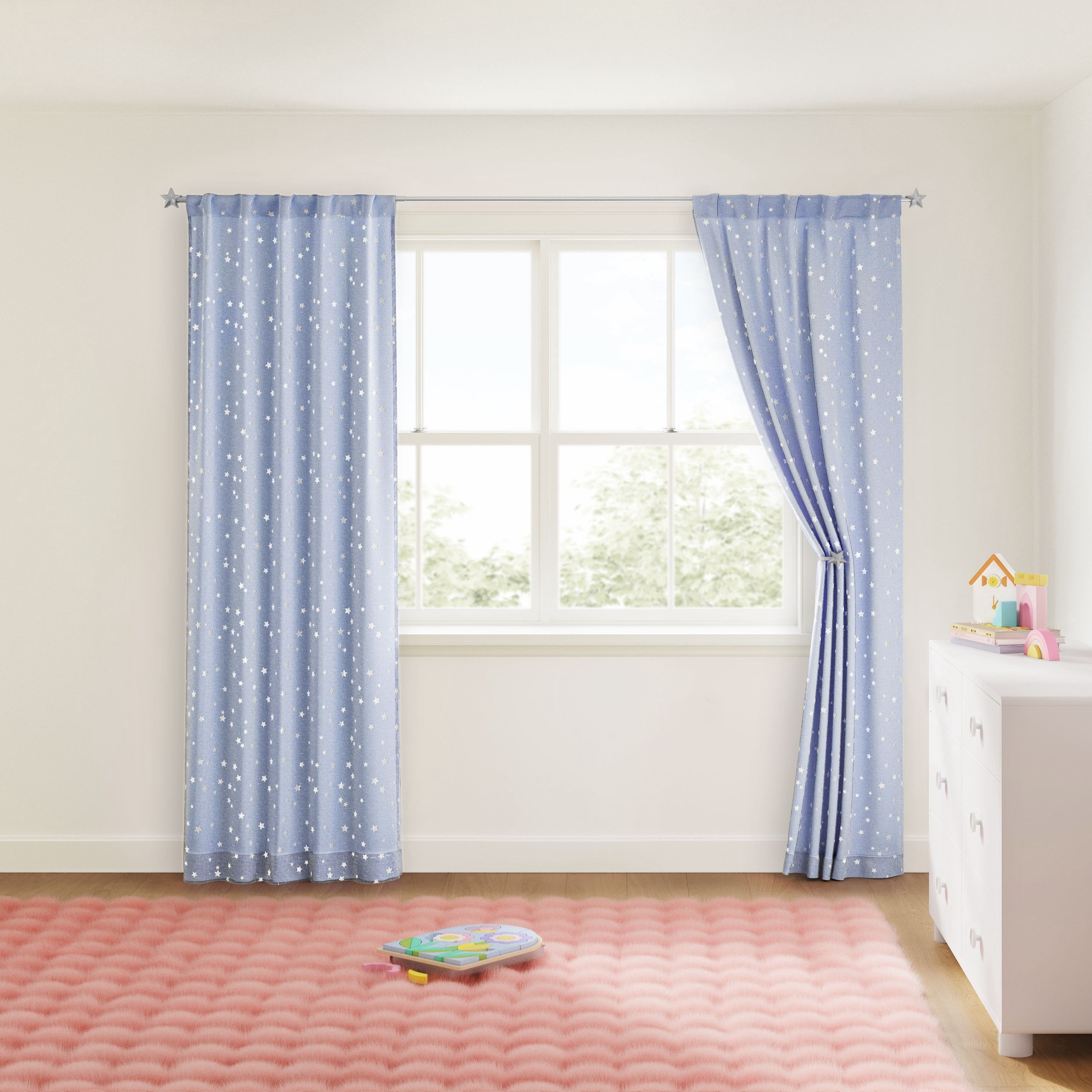 Mainstays Kids Spring Periwinkle and Metallic Silver Stars Sheer Overlay Blackout Rod Pocket with Back Tabs Single Curtain Panel, 38" W x 95" L