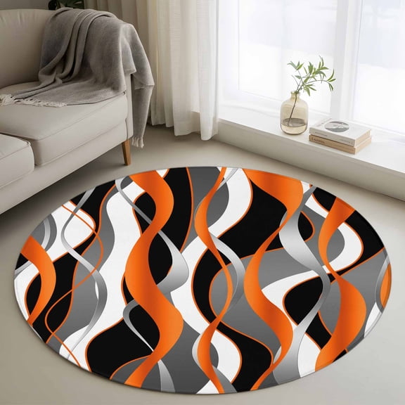 Round Area Rug 4ft, Abstract Stripes Non-slip Area Rugs for Living Room/Bedroom/Bathroom/Kitchen, Retro Modern Orange Black Gray Lines Washable Throw Floor Mat Indoor Outdoor Entrance Doormat
