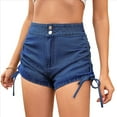 thumbnail image 1 of Shorts Vaqueros Ajustados Elásticos de Cintura Alta con Cordón y Fruncido para Mujer Azul Oscuro L, 1 of 9