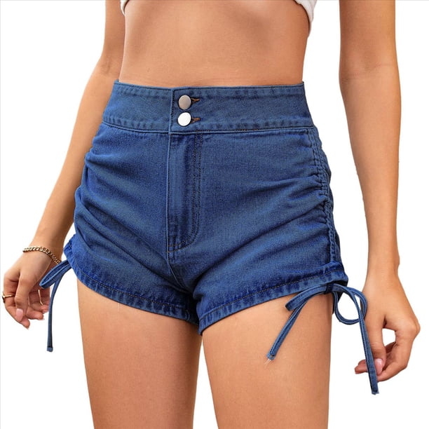 Shorts Vaqueros Ajustados Elásticos de Cintura Alta con Cordón y Fruncido para Mujer Azul Oscuro XL