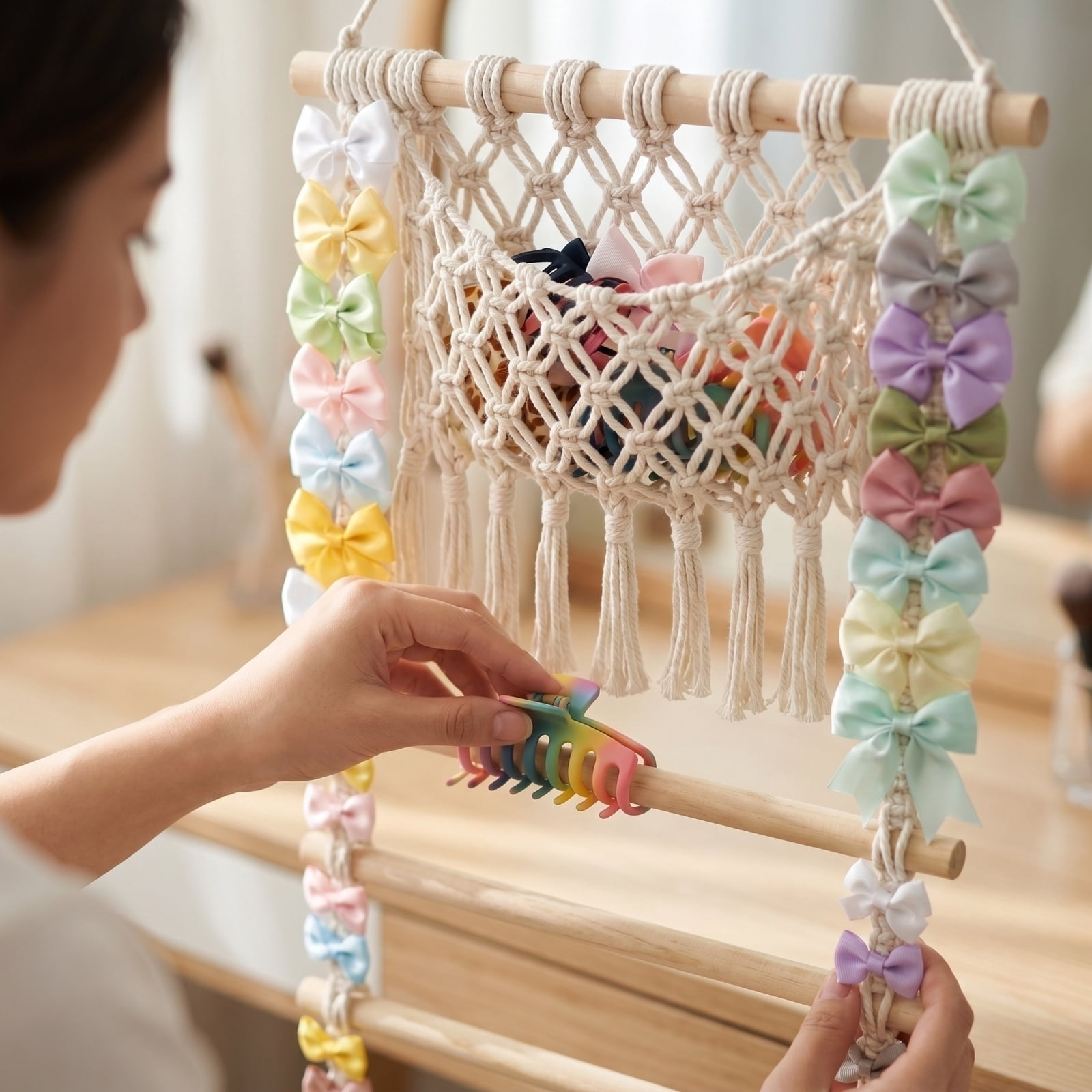 Headband Holder Hair Bow Organizer for Girls,Macrame Bow Holder Hair Accessories Organizer Storage Large Capacity Wall Hanging for Girl Room Decor , A