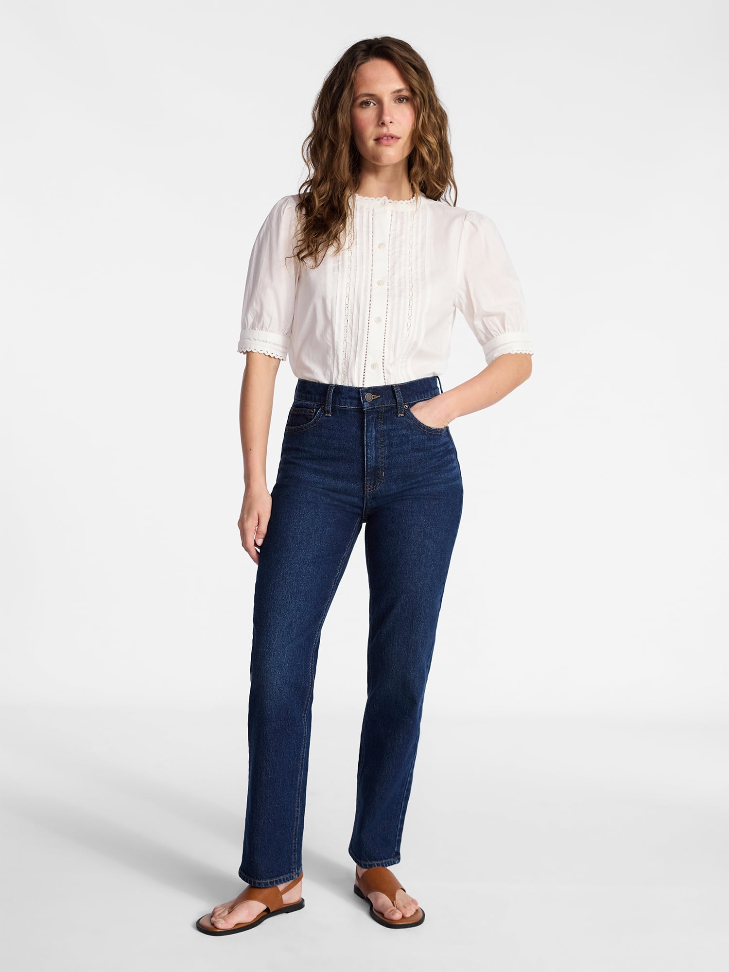 Time and Tru Women's and Women's Plus Cotton Lace Inset Blouse with Elbow Length Sleeves, Sizes XS-4X