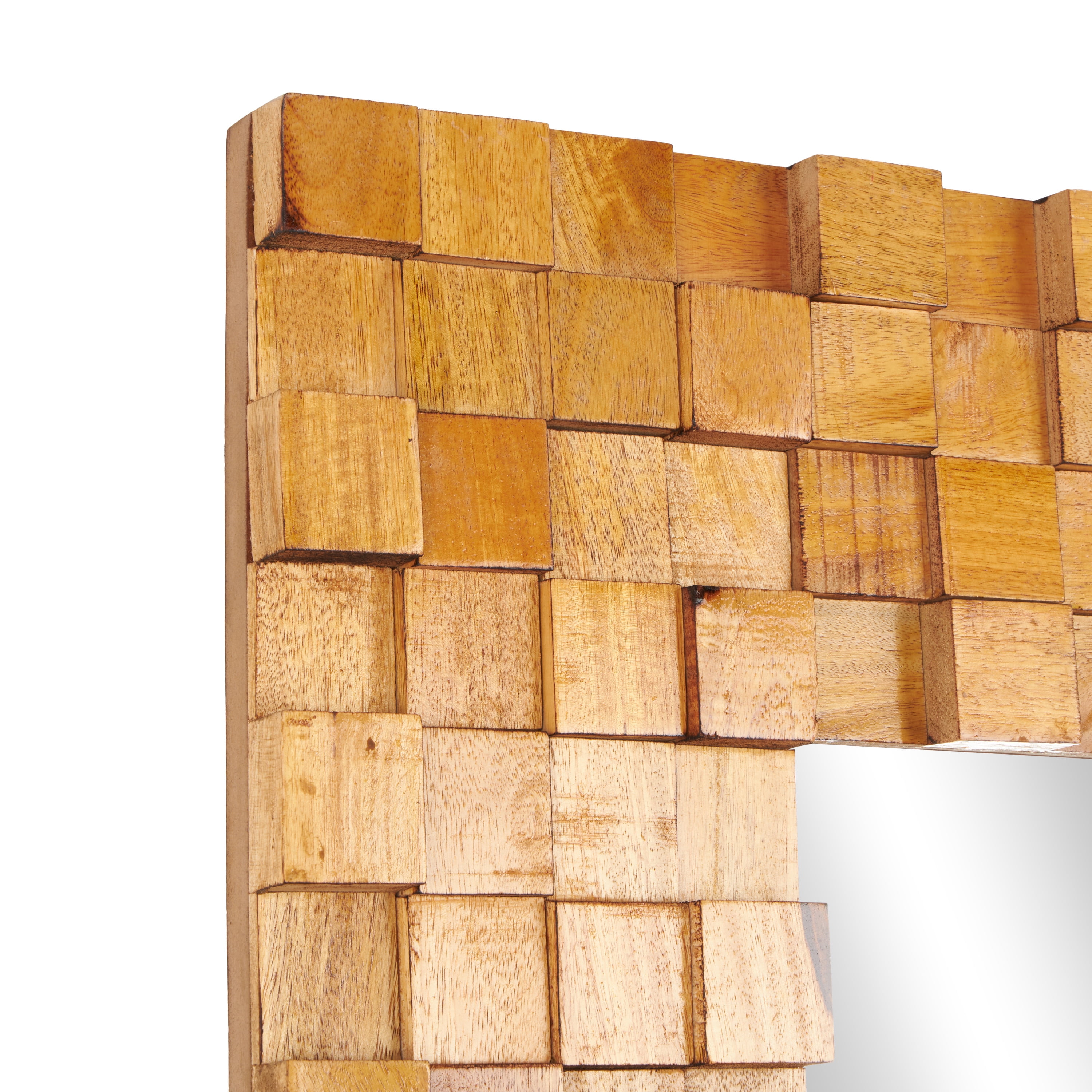 DecMode 36" x 72" Brown Mango Wood Geometric Handmade Dimensional Square Mosaic Floor Mirror with Natural Wood Grain Patterns