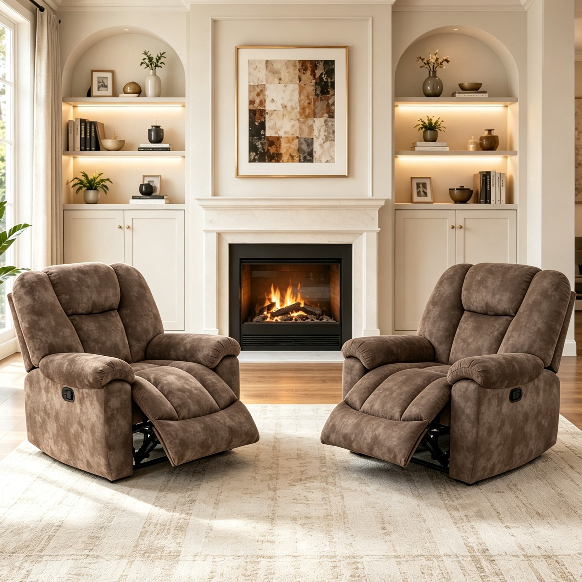 Gewnee Manual Recliner Chair, Adjustable Reclining Lounge Chair, Velvet Upholstered Single Sofa Recliner for Living Room, Office, Brown
