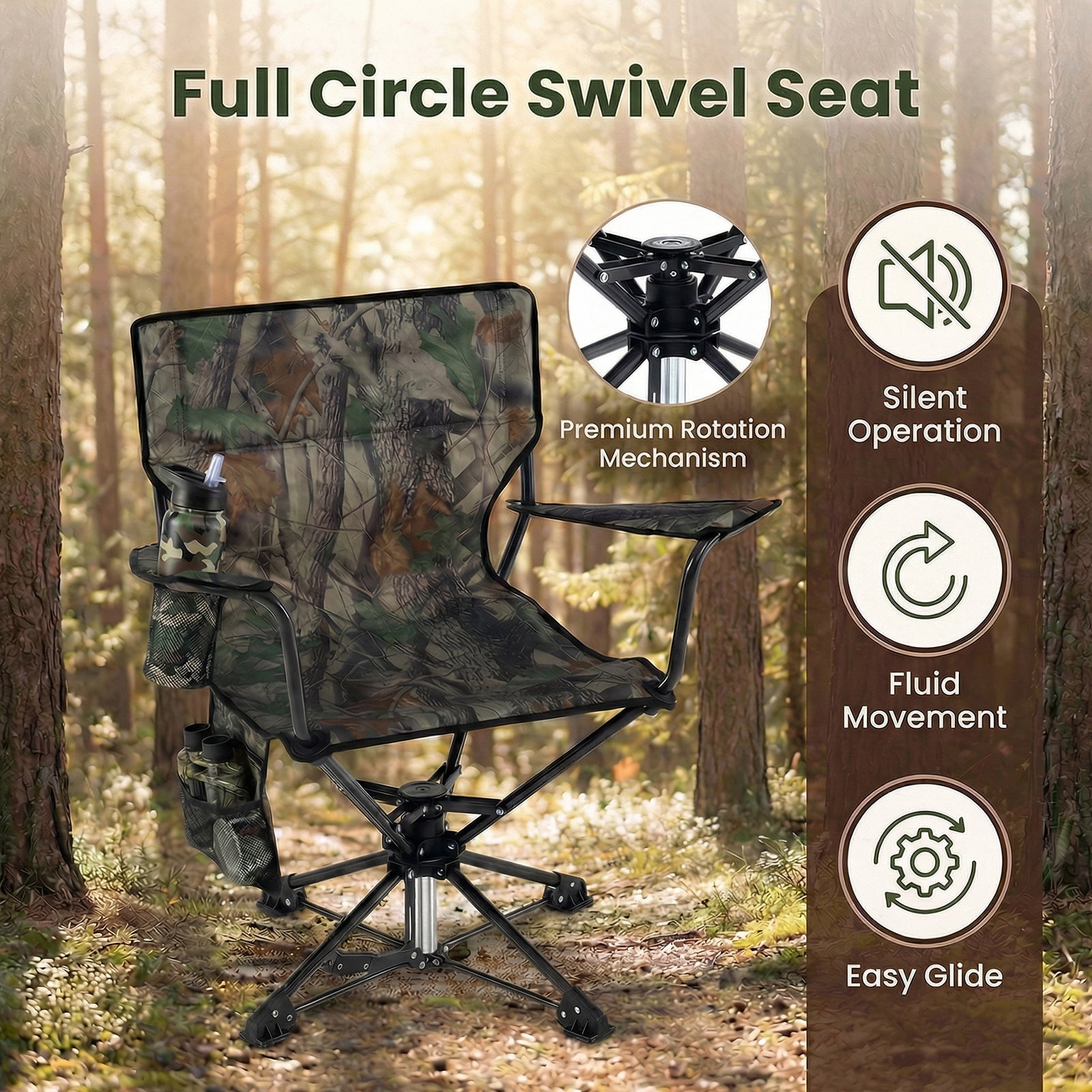 Goplus 1 PCS 360° Swivel Hunting Chair with Mesh Cup Holder & Storage Pockets Cozy Backrest Camouflage