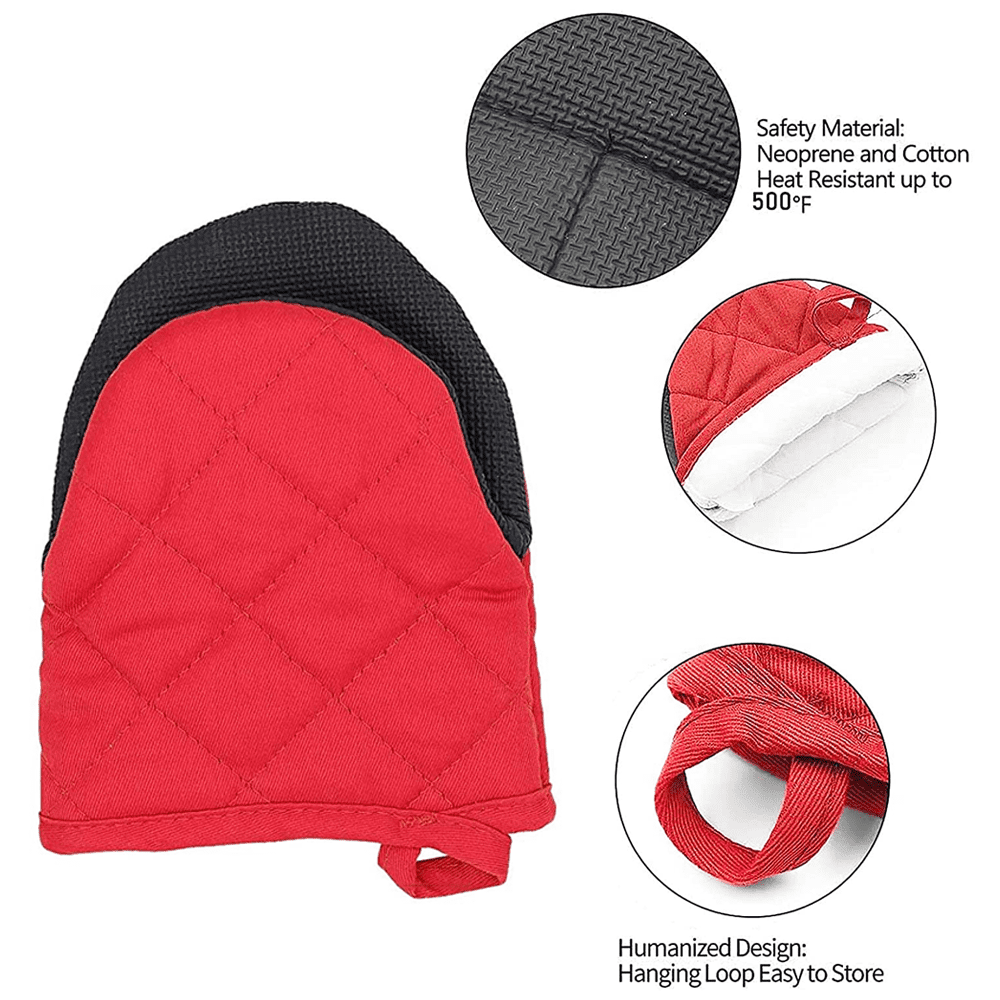 Neoprene Mini Oven Mitts, 2 Pack Short Small Cotton Half Finger Hand Mits  with Hang Lanyard, Heat Resistant Hot Pad Gloves for Kitchen