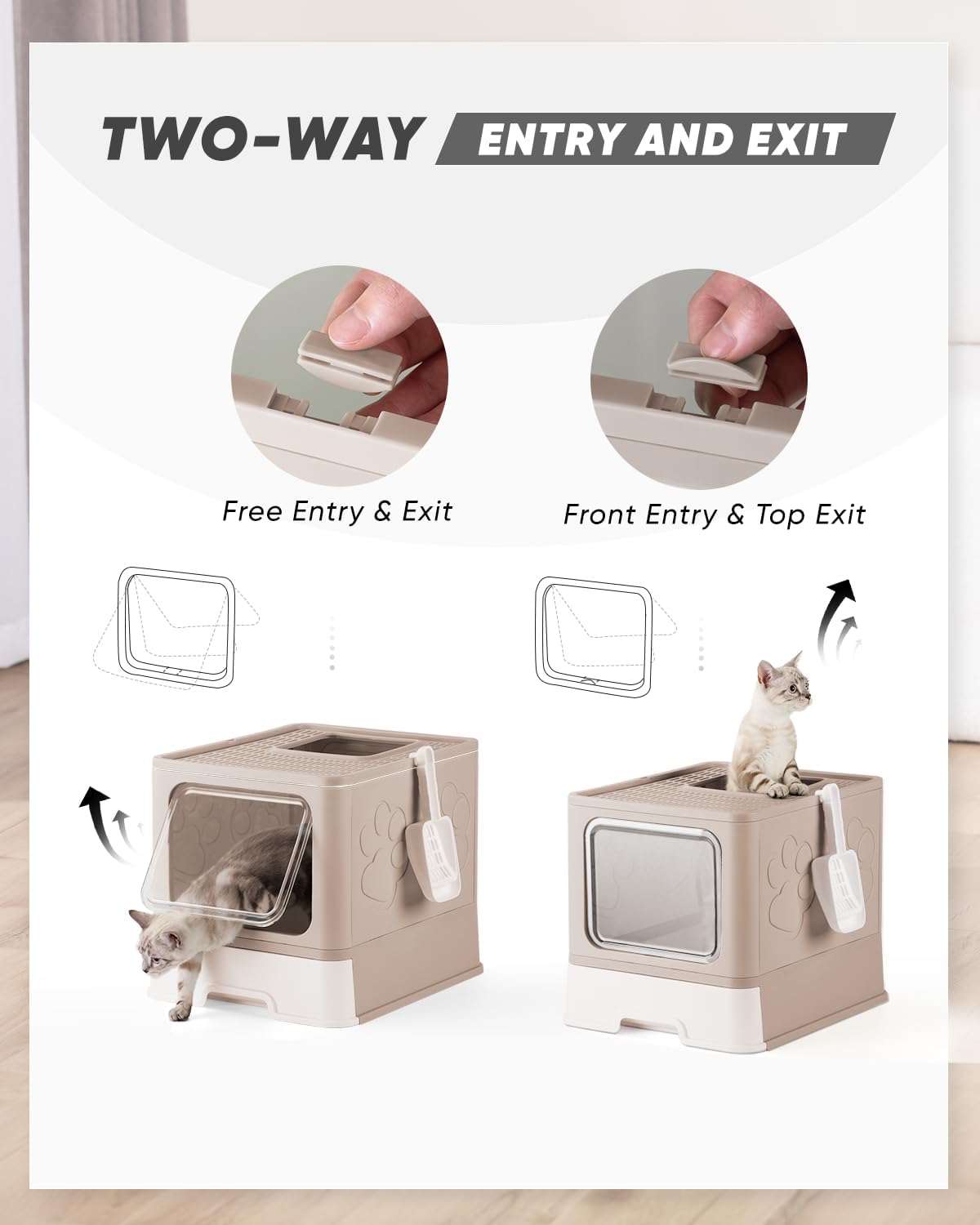 Enclosed Litter Box with Lid, X-Large Foldable Cat Litter Box, Covered Kitty Litter Box, Two-Way Entry and Exit Cat Box with Scoop, Odor Control, Easy to Clean(Coffee)