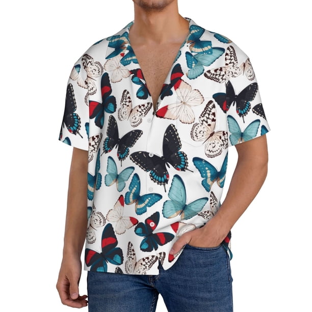 Balery Butterfly Camisa Casual de Manga Corta con Botones para Hombre, Texturizada, Estilo Cubano, para Playa, Verano-Large