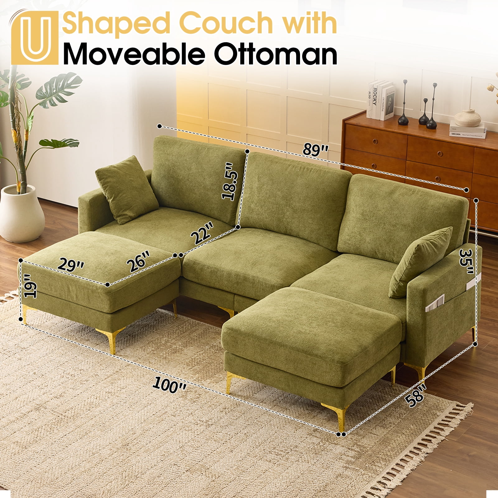 Ktaxon U-Shaped Sofa with 2 Removeable Ottoman Footrests, Flannel Deep Seating Couch for 3, Converts to Sleeper for Bedroom Living Room Furniture Green