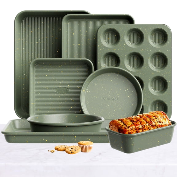 9pc Nonstick Bakeware Set with Cooling Rack, Stackable Oven Safe Baking Pan set, Muffin & Cookie Sheet, Ceramic Coated Green