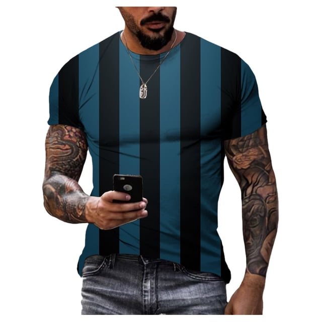 Mode Été Simple T-Shirt Rayé Imprimé 3d pour Hommes Décontracté Sport Premium Séchage Rapide Manches Courtes Col Rond Cool Ample