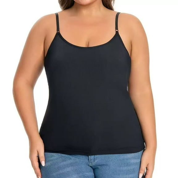 Hingswink Plus Size Camisole for Women with Shelf Bra Adjustable Spaghetti Strap Cami Tank Top Cotton Undershirts Black-M