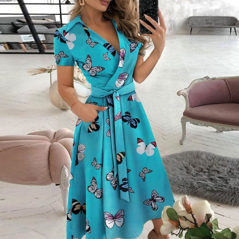bohemian casual print v-neck waist wrap long dress Womens Long Beach Dress Boho Print V Neck Flowy Slit Maxi Dress Empire Waist Casual Dress