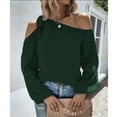 thumbnail image 2 of Blusa informal elegante de gasa con puños elásticos y mangas abullonadas de Color puro con nudo y hombros descubiertos para mujer verde oscuro L, 2 of 7