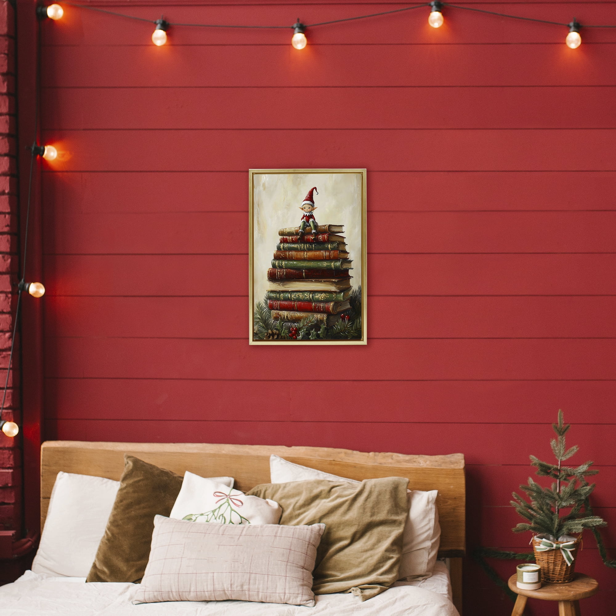 Christmas Elf Bookstack Gold Framed Floater Canvas Wall Art, design by Petal Prints Design