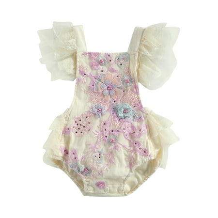 

Infant Baby Girls Lace Princess Rompers Flowers Embroidery Print Ruffles Sleeve Backless Lace up Jumpsuits