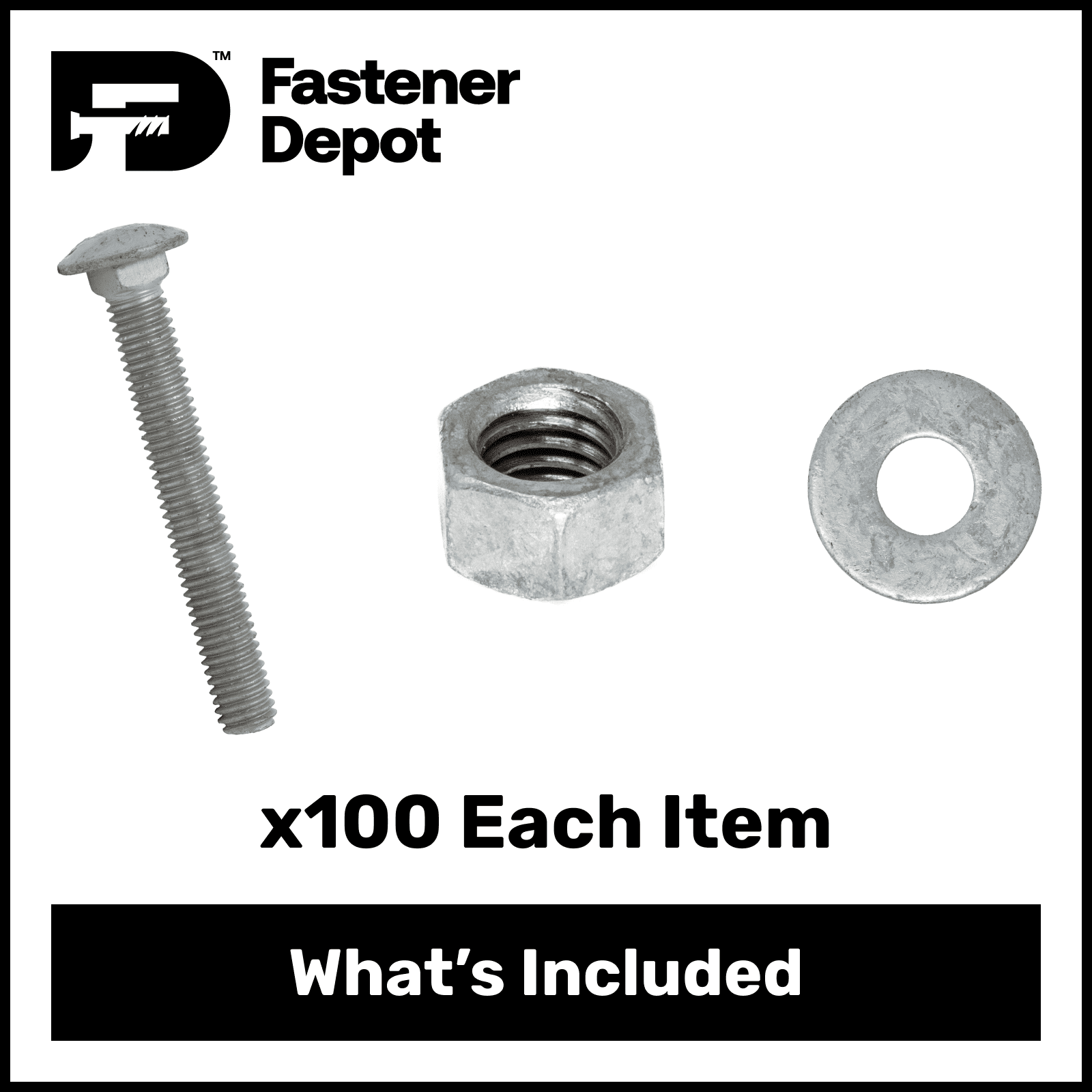 5/16"-18 x 2-1/4" Hot Dipped Galvanized Carriage Bolt w/Nuts & Flat Washers, Quantity 100 - by Fastener Depot, LLC