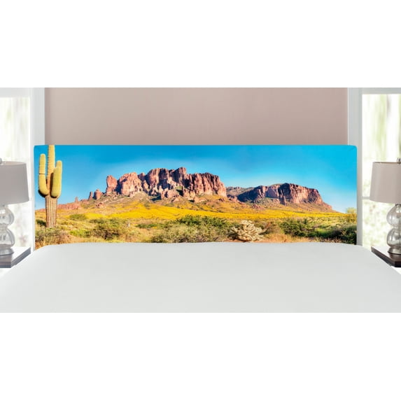 Saguaro Headboard, Blooming Brittlebush Superstition Wilderness by the Mountain Phoenix View, Upholstered Decorative Metal Bed Headboard with Memory Foam, King Size, Orange and Brown, by Ambesonne