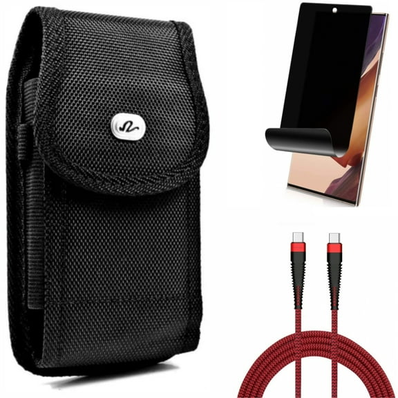 10ft PD Cable & Case Belt Clip & Privacy Screen Protector for Samsung Galaxy Note 20 Ultra (6.9") - Combo with Type-C to USB-C Charger Cord & Rugged Holster & TPU Film Anti-Peep