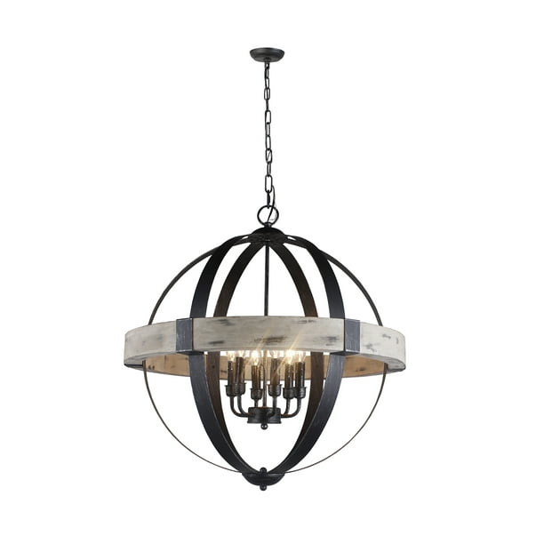 6 Light Candle Style Chandelier, Wood And Iron Globe Chandelier