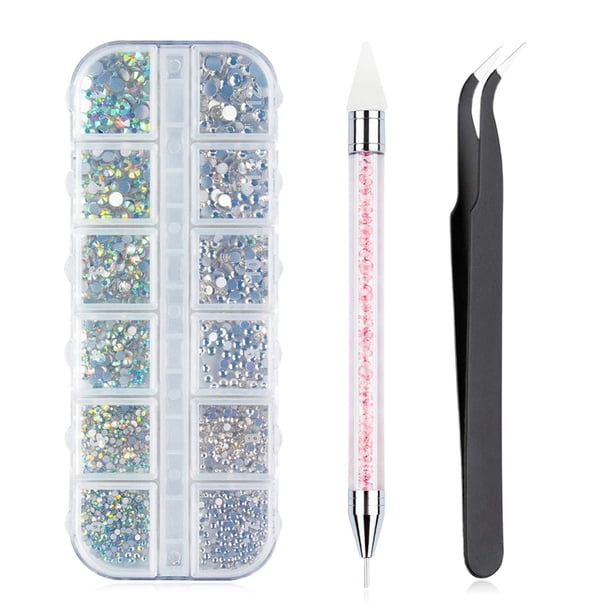 Diamante de imitación con parte trasera plana, gema de cristal AB para decoración de uñas, con pinzas y selector de diamantes de imitación, herramienta para decoración de uñas 3002