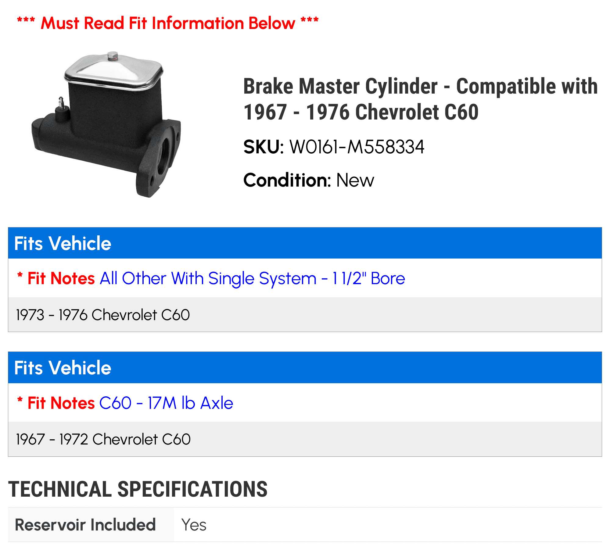 Brake Master Cylinder - Compatible with 1967 - 1976 Chevy C60 1968 1969 1970 1971 1972 1973 1974 1975